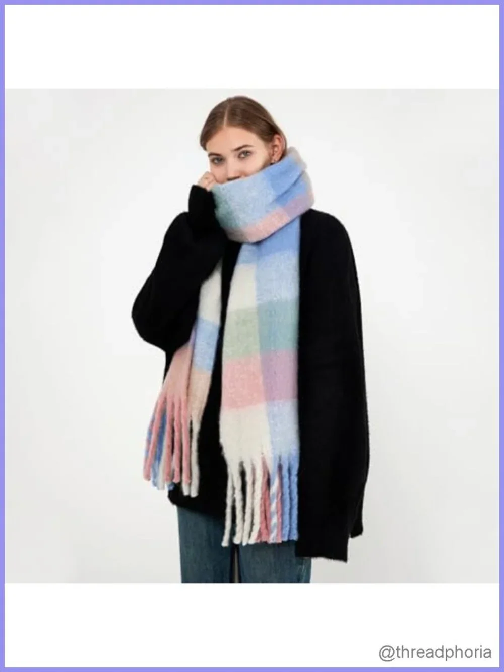 Chunky Knit Plaid Scarf for Women Oversized Cold Weather Wrap Shawl